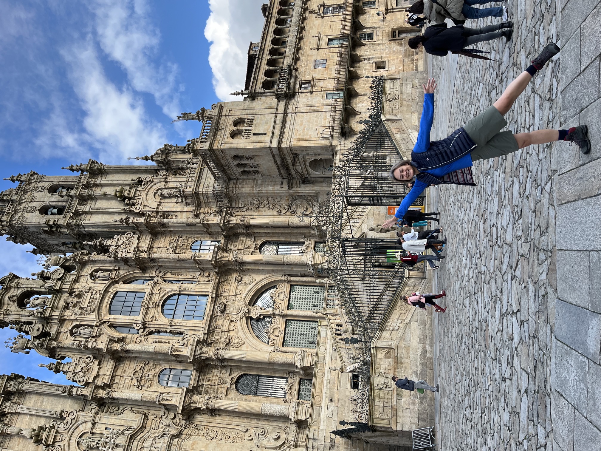 Cynthia arriving at Santiago de Compostela — end of the Camino
